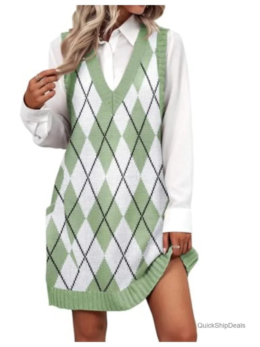 Sleeveless V-Neck Sweater Vest Dress with Pockets Knitted Pullover
